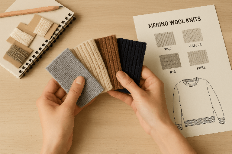 A designer comparing swatches of different merino wool knits